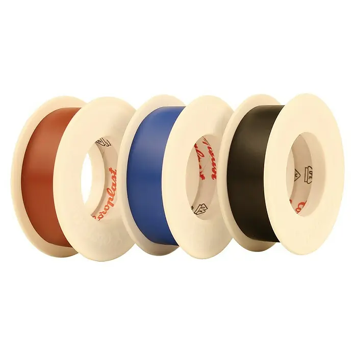 Coroplast Isolierband-Set - 15 mm x 4,5 m, 3 Stk., Braun, Blau, Schwarz - Nahaufnahme von verschiedenen Rollen Europlast-Pflaster in Braun, Weiß, Blau und Schwarz, ideal für die Wundversorgung.
