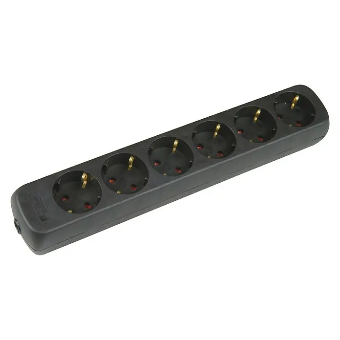 UniTEC Steckdosenleiste ohne Kabel - 6-fach, Schwarz, Ohne Schalter - Eine schwarze Steckdosenleiste mit sechs Schutzkontakt-Steckdosen für den europäischen Markt auf schwarzem Hintergrund.