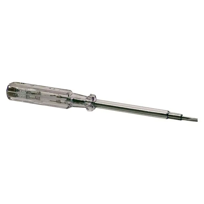 UniTEC Spannungsprüfer - Isoliert, Transparent, 200 V - 250 V, Länge: 190 mm - Ein transparenter Phasenprüfer mit silberner Spitze vor schwarzem Hintergrund.