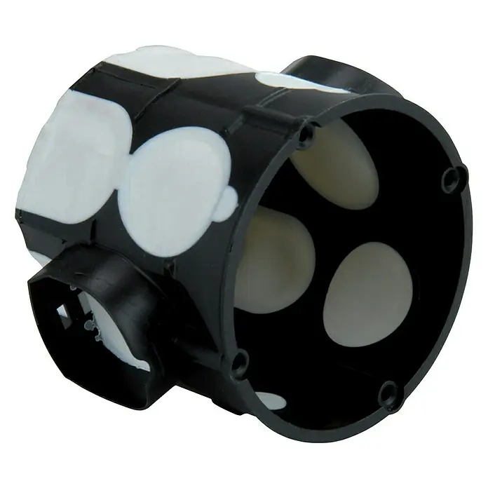 UniTEC Schalterdose - Ø x L: 60 x 65 mm, Mit Durchstoßmembran, Schwarz/Grau, Flammwidrig - Nahaufnahme einer Leuchte mit Kuhflecken. Die Leuchte ist schwarz mit weißen Flecken.