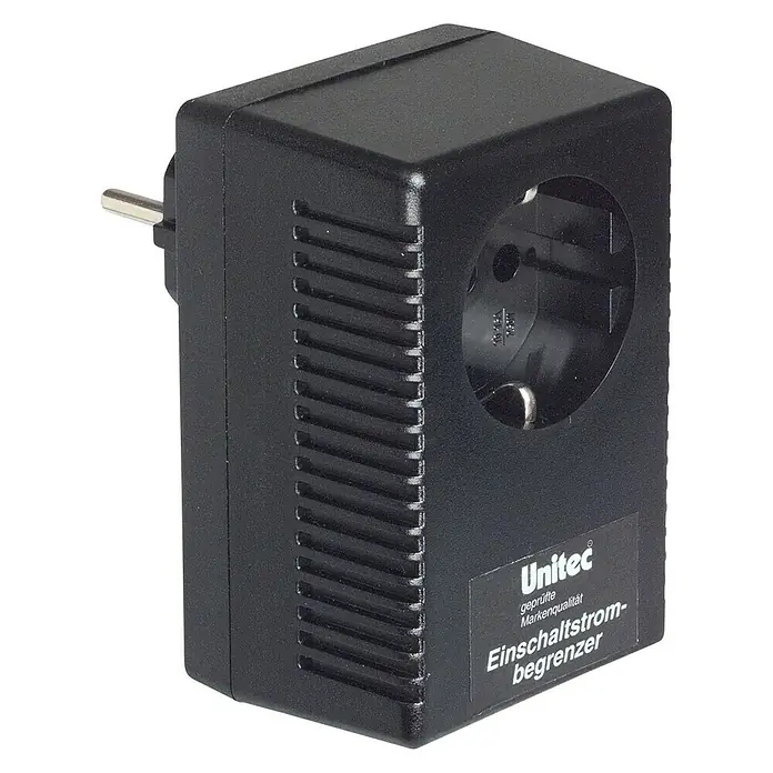 UniTEC Einschaltstrombegrenzer - 16 A, 250 V - Schwarzer Unitec Einschaltstrombegrenzer mit Schuko-Stecker und -Buchse, ideal zum Schutz empfindlicher Geräte vor hohen Einschaltströmen.