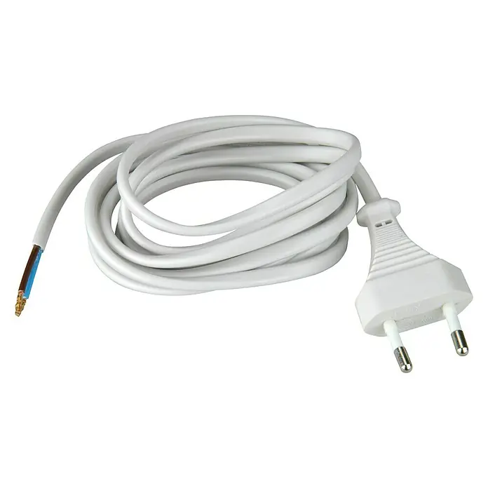 Anschlusskabel - 2 m, H03VVH2-F, Aderquerschnitt: 0,75 mm², Weiß - Weißes Stromkabel mit Eurostecker und abisolierten Enden vor schwarzem Hintergrund.