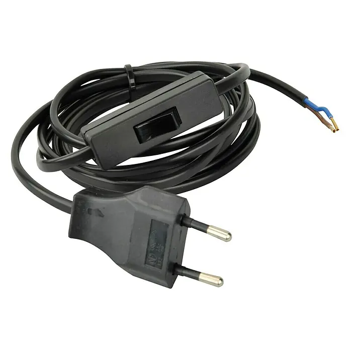 Anschlusskabel - 2 m, H03VVH2-F, Aderquerschnitt: 0,75 mm², Schwarz - Schwarzes Stromkabel mit Eurostecker, Schalter und abisolierten Enden für Lampen, ideal für DIY-Projekte und Reparaturen.