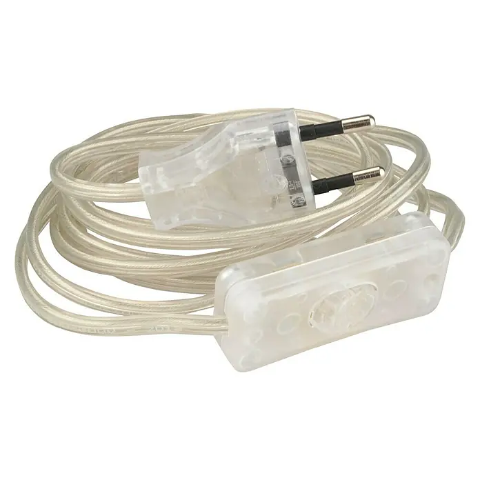 Anschlusskabel mit Schnurschalter - 2 m, H03VVH2-F, Aderquerschnitt: 0,75 mm², Transparent - Nahaufnahme eines transparenten Lampenkabels mit Eurostecker und Schalter. Ideal für DIY-Beleuchtungsprojekte und Reparaturen.