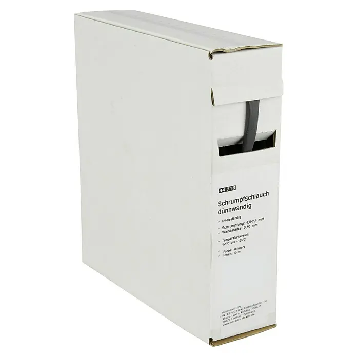 Schrumpfschlauch Meterware - Durchmesser: 4,8 mm - 2,4 mm, Schwarz, Schrumpfrate: 2:1 - Schrumpfschlauch dünnwandig in schwarzer Farbe, 10m Rolle. Ideal für Elektroinstallationen, UV-beständig und temperaturbeständig von -55°C bis +135°C.