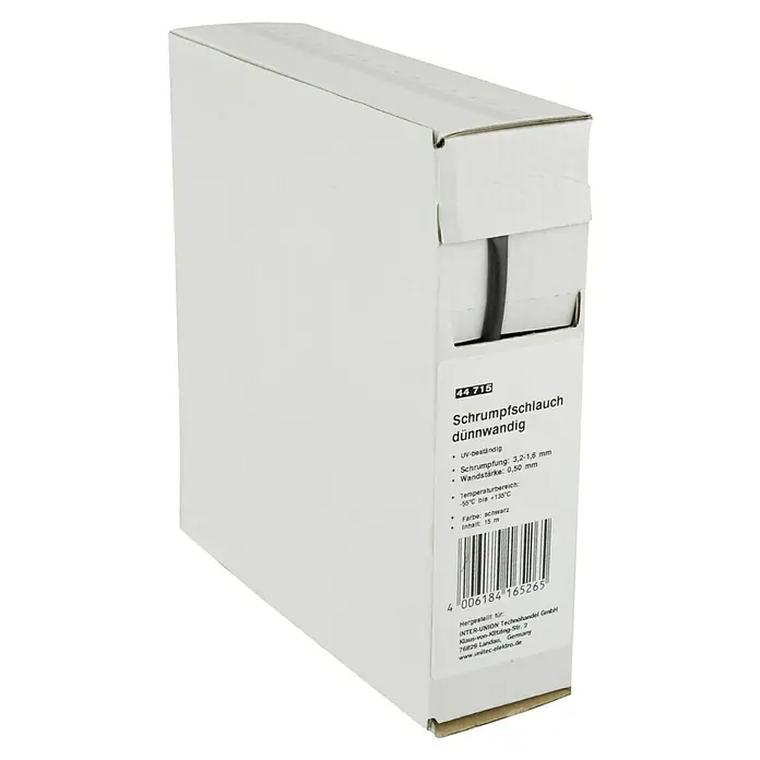 Schrumpfschlauch Meterware - Durchmesser: 3,2 mm - 1,6 mm, Schwarz, Schrumpfrate: 2:1 - Karton mit dünnwandigem Schrumpfschlauch (44715) von INTER-UNION Technohandel GmbH, UV-beständig, schwarz, 15 m lang.