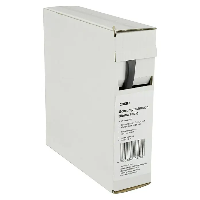 Schrumpfschlauch Meterware - Durchmesser: 6,4 mm - 3,2 mm, Schwarz, Schrumpfrate: 2:1 - Karton mit dünnwandigem Schrumpfschlauch, UV-beständig, Schrumpfung 6,4-3,2mm, Wandstärke 0,65mm, Temperaturbereich -55°C bis +135°C, Farbe schwarz, Inhalt 10m.