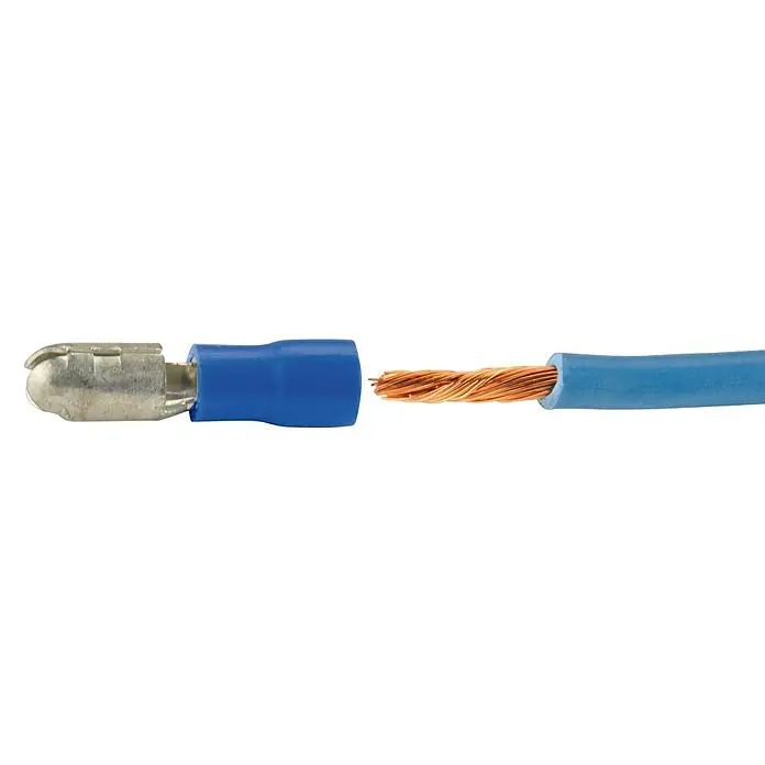 BAUHAUS Rundstecker Set isoliert - 2,5 mm², 10 x Rundstecker, 10 x Rundsteckhülse - Ein Elektrokabel mit blauem Isolierband und einem Kabelschuh ist auf schwarzem Hintergrund dargestellt.