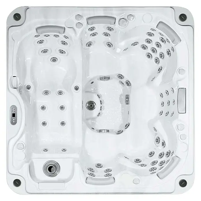 Camargue Außen-Whirlpool Serenity - 213 x 213 x 91 cm, Grau/Weiß, Max. Personenzahl: 6 - Vogelperspektive eines weißen Whirlpools mit mehreren Sitzen und Düsen für ein entspannendes Badeerlebnis.