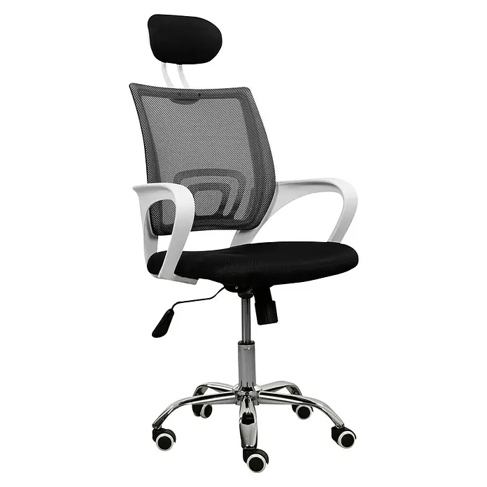 Silla de oficina Marta - Blanco/Negro, Reposacabezas - Primer plano de una silla de oficina con respaldo de malla negra, marco blanco y base cromada. Diseño ergonómico hecho para la comodidad.