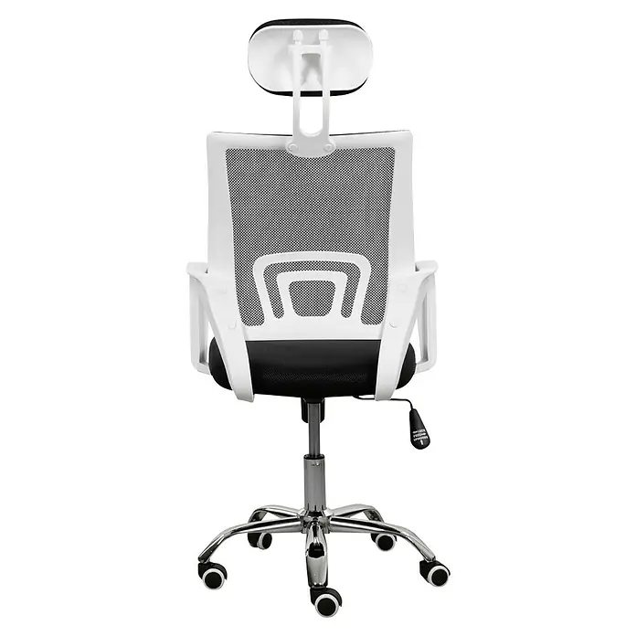 Silla de oficina Marta - Blanco/Negro, Reposacabezas - Imagen de una silla de oficina blanca con respaldo de malla, reposacabezas y base cromada.