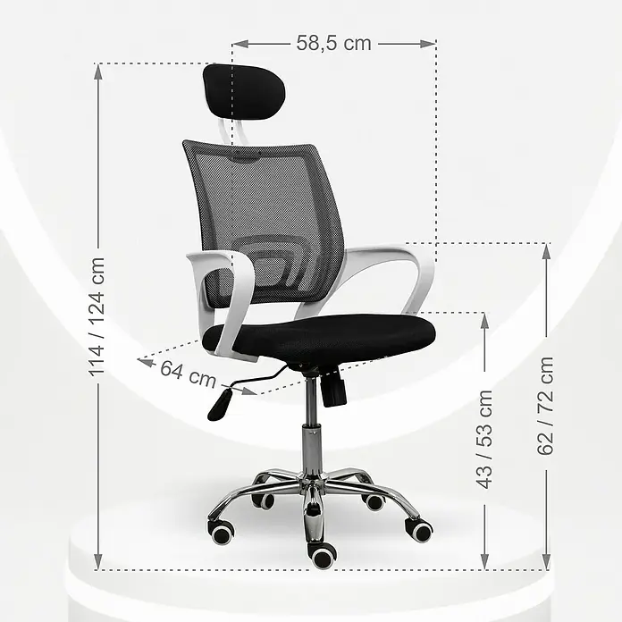 Silla de oficina Marta - Blanco/Negro, Reposacabezas - Imagen de una silla de oficina con altura ajustable, reposacabezas y reposabrazos, mostrada con dimensiones.\n