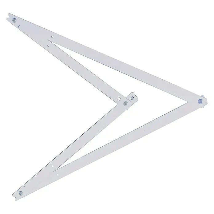 Stanley Bauwinkel - L x B: 172 x 122 cm, Winkel: 45 ° - 90 °, Klappbar - Detailaufnahme eines weißen, justierbaren Trockners für die Wandmontage, vor einem neutralen schwarzen Hintergrund.