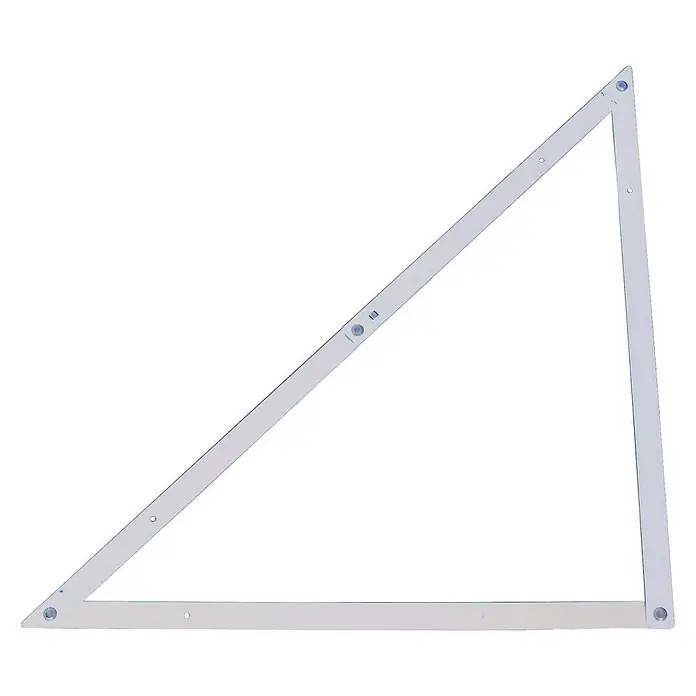 Stanley Bauwinkel - L x B: 172 x 122 cm, Winkel: 45 ° - 90 °, Klappbar - Rechtwinkliges Dreieck aus Metall mit Schrauben, ideal zum Zeichnen und Konstruieren, auf schwarzem Hintergrund.