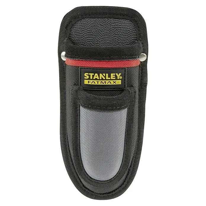 Stanley Holster - Geeignet für: Messer, Ausstattung: Gürtelclip - Werkzeugtasche von Stanley Fatmax aus schwarzem und grauem Material mit roter Akzentuierung und Befestigungsnieten.
