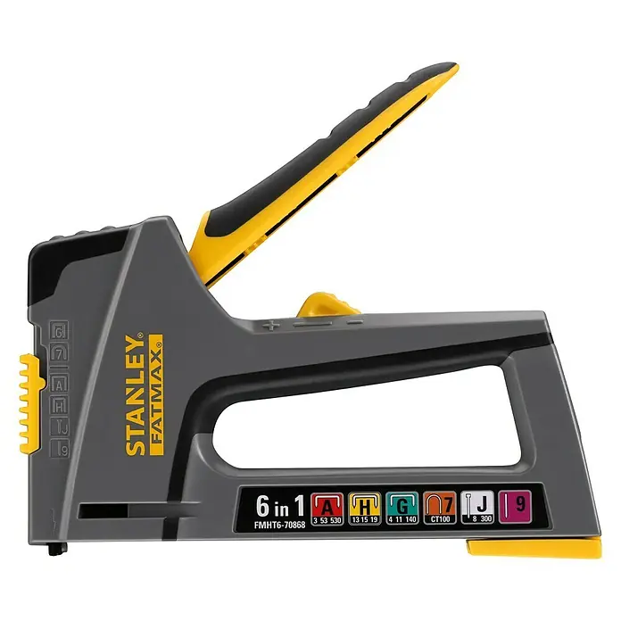 Stanley FatMax Kombi-Handtacker TR75 - Klammertiefe: 14 mm, Geeignet für: Möbelaufarbeitungen - Ein Stanley Fatmax 6-in-1-Tacker mit gelb-grauem Design, ideal für verschiedene Befestigungsarbeiten im Heimwerkerbereich.