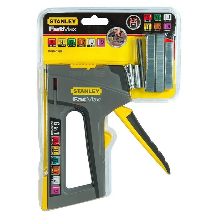 Stanley FatMax Kombi-Handtacker TR75 - Klammertiefe: 14 mm, Geeignet für: Möbelaufarbeitungen - Das STANLEY FatMax 6-in-1-Handtacker-Set mit verschiedenen Klammern und Nägeln für vielfältige Befestigungsarbeiten in Haushalt und Werkstatt.