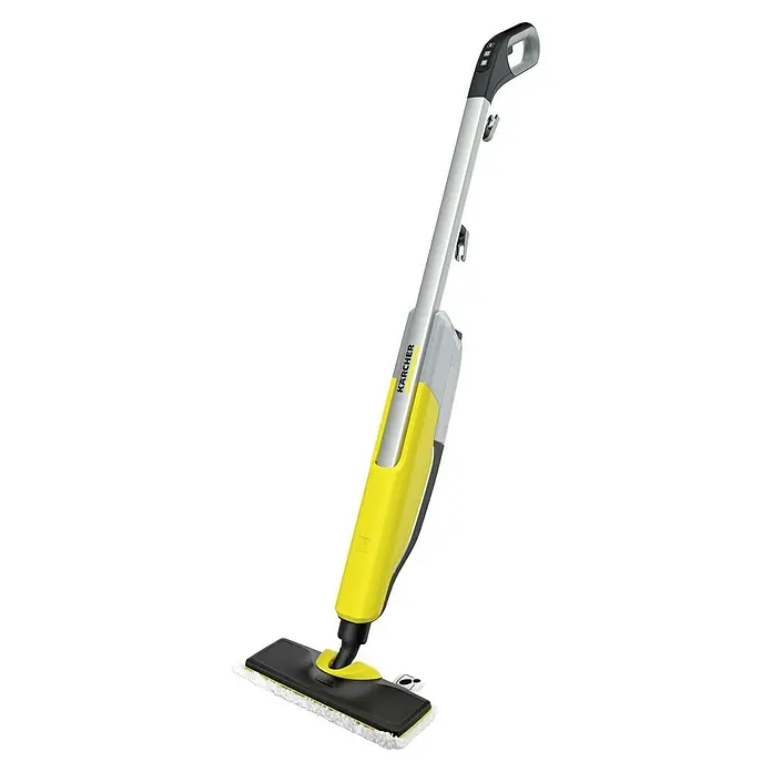 Kärcher Dampfreiniger SC 2 Upright EasyFix - 1.600 W, Aufheizzeit: 0,5 min, Behältervolumen: 0,4 l - Dampfreiniger von Kärcher in Gelb und Grau. Er ist schlank, mit einem Griff und einem Reinigungspad am Boden für die Bodenreinigung.