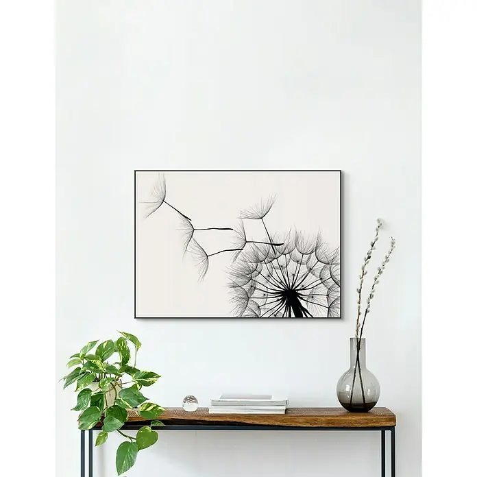 Reinders Bild Slim Frame Black - Dandelion, B x H: 70 x 50 cm - Schwarz-Weiß-Druck mit Pusteblume im Rahmen. Elegantes Kunstwerk für eine moderne Wanddekoration und stilvolles Ambiente.