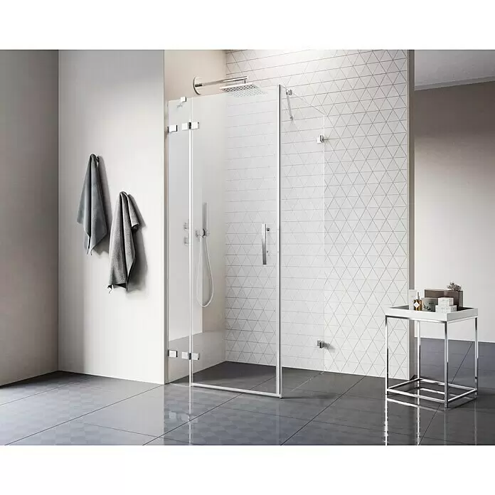 Camargue Air 2.0 Eckdusche C73L+C78 - 87 x 97 x 200 cm, Beschichtet, Chrom, Glasstärke: 8 mm - Moderne Glasduschkabine mit Chromarmaturen, Regendusche und Handbrause in einem modernen gefliesten Badezimmer.