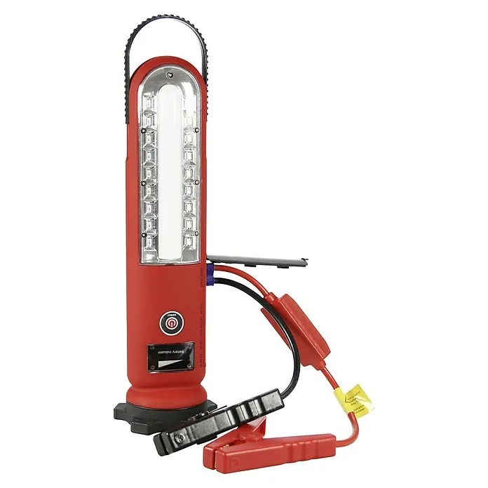 Absaar Energiestation - Kapazität: 8 Ah, 12 V - Eine Nahaufnahme einer roten, wiederaufladbaren Arbeitsleuchte mit Krokodilklemmen und LED-Lichtleiste. Ideal für Werkstatt und unterwegs.