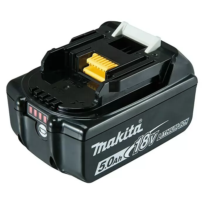 Makita LXT 18V Taladro atornillador percutor de batería DDF485RTJ - 18 V, 2 baterías, 5 Ah, 50 Nm - Batería negra Makita 18V 5.0Ah Li-ion con texto blanco y conector amarillo, con indicador de carga rojo.