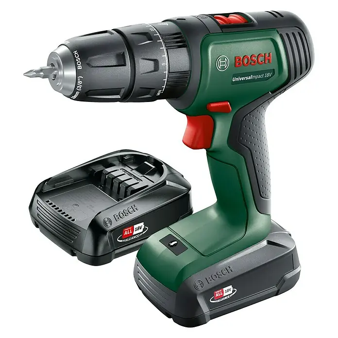 Bosch Power for All 18V Taladro atornillador percutor de batería UniversalImpact 18 - 18 V, 2 baterías, 1,5 Ah, 34 Nm - La imagen muestra un taladro inalámbrico Bosch con cargador, modelo UniversalImpact 18V, ideal para proyectos de bricolaje.