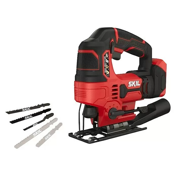 Skil PWRCore 20V Sierra de calar a batería con acción pendular 3420 CA - 20 V, Sin batería, Número de carreras marcha en vacío: 0 /min - 2.800 /min - Sierra de calar Skil roja y negra con varias hojas de sierra intercambiables.