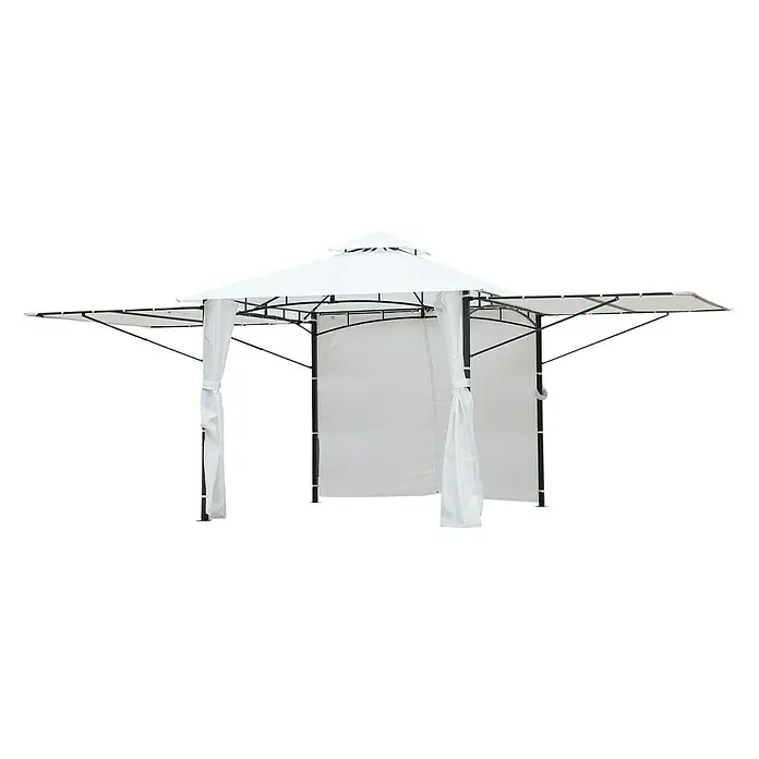 Sunfun Carpa con laterales Denia - An x Pr: 300 x 300 cm, Color del techo: Blanco - Un gazebo blanco con estructuras metálicas negras y cortinas blancas. Este gazebo ofrece sombra y protección solar.