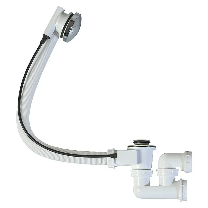 Válvula para bañera automática con sifón - 1 ½″, Polipropileno, Apto para: Bañeras - Conjunto de desagüe para bañera con rebosadero en blanco y cromo. Incluye manguera flexible y diversas conexiones de tuberías.