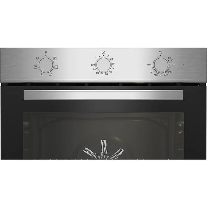 Beko Horno empotrado BBIE12100XD - Volumen horno: 66 l, Número de tipos de calentamiento: 6 ud. - Primer plano de un horno con diales para ajustar la temperatura y las funciones de cocción.