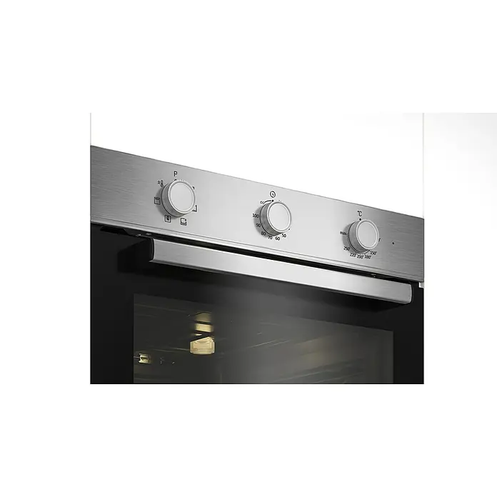 Beko Horno empotrado BBIE12100XD - Volumen horno: 66 l, Número de tipos de calentamiento: 6 ud. - Primer plano de un horno de acero inoxidable con mandos para diversas funciones y ajustes de temperatura para cocinar.