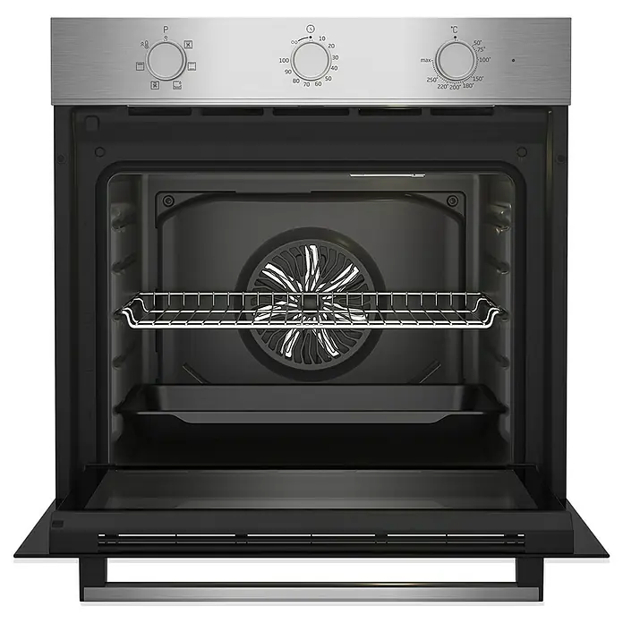 Beko Horno empotrado BBIE12100XD - Volumen horno: 66 l, Número de tipos de calentamiento: 6 ud. - Vista interior de un horno plateado, que muestra un compartimento abierto, rejilla de parrilla y bandeja de horno.