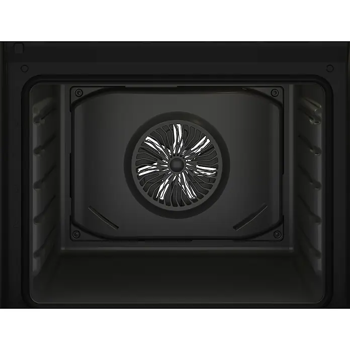 Beko Horno empotrado BBIE12100XD - Volumen horno: 66 l, Número de tipos de calentamiento: 6 ud. - Vista interior de un horno negro moderno, destacando la función de convección con un ventilador en la parte posterior.