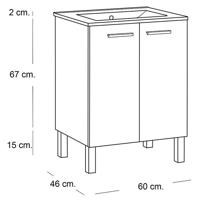 Artysan Mueble bajo de lavabo Fran kit - L x An x Al: 46 x 60 x 84 cm, Nature - La imagen muestra un mueble de lavabo con dos puertas, apoyado sobre cuatro patas. Las dimensiones están indicadas.