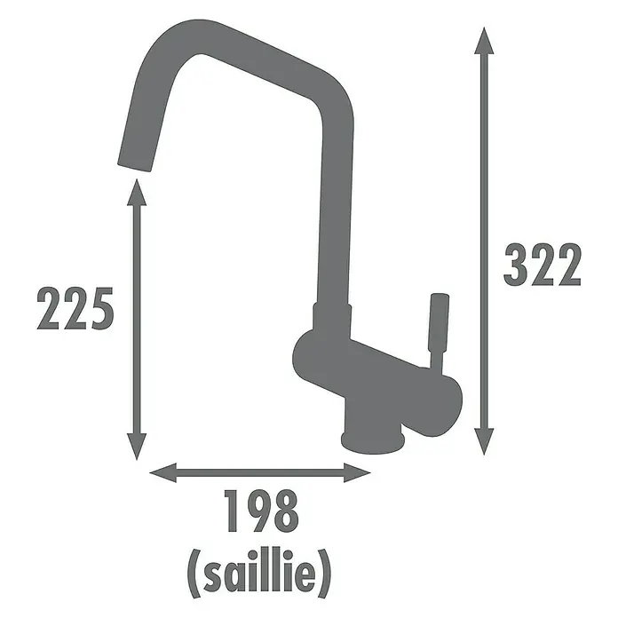 Rousseau Grifo de cocina Mica - Cromo - Imagen de un grifo de cocina con dimensiones. El grifo es gris y las dimensiones están en mm.