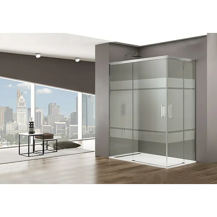 GME Mampara de ducha esquinera Basic Angular - L x An x Al: 80 x 100 x 195 cm, Vidrio serigrafiado, Plata brillo - Elegante cabina de ducha con vidrio claro y modernas rayas horizontales. Ideal para un diseño de baño elegante con fácil acceso.