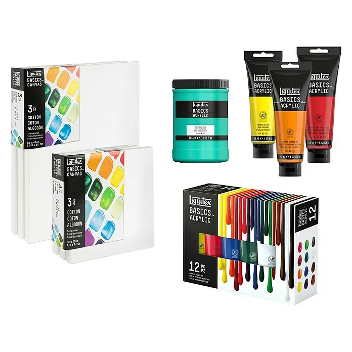 Liquitex Basics Keilrahmen CNV - 40 x 40 x 1,8 cm, Baumwolle, 3-fach grundiert - Eine Sammlung von Liquitex Basics Künstlerprodukten, darunter Leinwände, Tuben- und Topf-Acrylfarben sowie ein 12er-Acrylfarbenset.