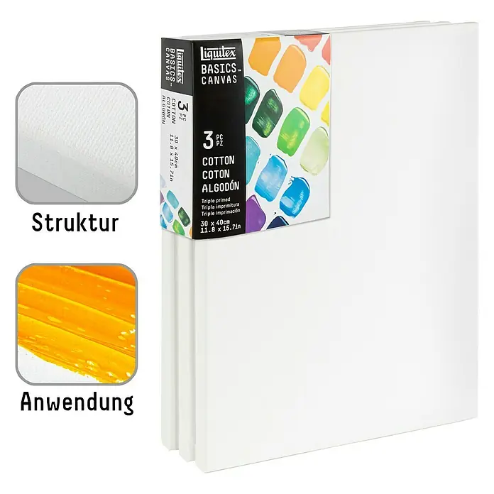 Liquitex Basics Keilrahmen CNV - 40 x 30 x 1,8 cm, Baumwolle, 3-fach grundiert - Eine Packung Liquitex Basics Leinwände, 3 Stück, für Künstlerbedarf. Ideal für Acryl- und Ölmalerei, vorgrundiert und sofort einsatzbereit.