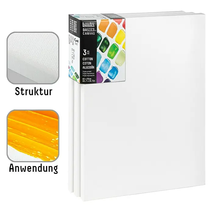 Liquitex Basics Keilrahmen CNV - 50 x 40 x 1,8 cm, Baumwolle, 3-fach grundiert - Nahaufnahme von Liquitex Basics Leinwänden, ein Set mit drei grundierten Baumwollleinwänden für Künstler.
