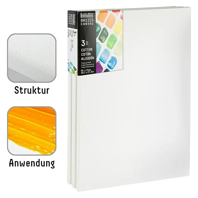 Liquitex Basics Keilrahmen CNV - 70 x 50 x 1,8 cm, Baumwolle, 3-fach grundiert - Eine Packung Liquitex Basics Leinwände, 3 Stück, aus Baumwolle, dreifach grundiert, mit den Maßen 50 x 70 cm.