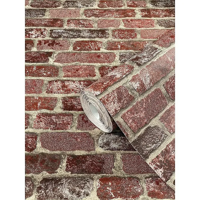 Marburg Sand & Stones Vliestapete Steinmauer II - Rot, Steinoptik, 10,05 x 0,53 m - Eine Rolle Mauerwerkstapete in einem rustikalen Rotton, die eine warme und industrielle Atmosphäre schafft.