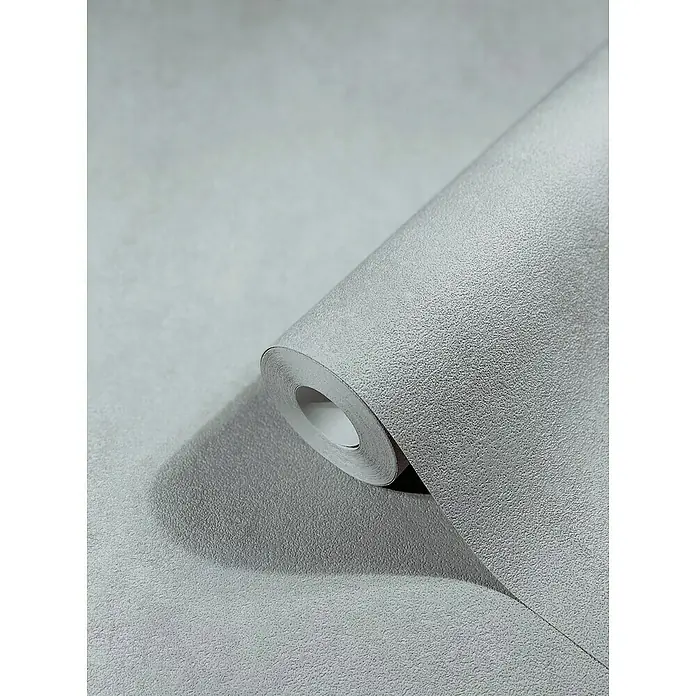 SCHÖNER WOHNEN-Kollektion New Spirit Vliestapete - Shadowgrau, Uni, 10,05 x 0,53 m - Nahaufnahme einer Rolle hellgrauer Vinyltapete mit einer feinen, körnigen Textur, ideal für moderne Innenräume.