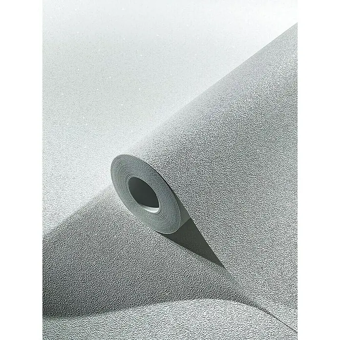 SCHÖNER WOHNEN-Kollektion New Spirit Vliestapete - Weiß, Uni, 10,05 x 0,53 m - Nahaufnahme einer Rolle stilvoller, silberfarbener Vinyltapete mit dezenter Textur und subtilem Glanz für moderne Wohnräume.