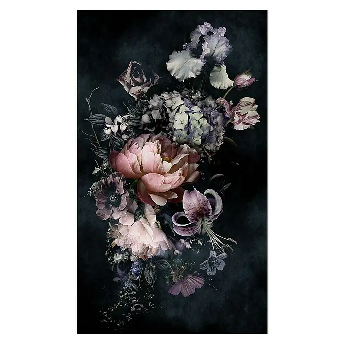 SCHÖNER WOHNEN-Kollektion New Spirit Fototapete Digitaldruck Blumenstrauß - 159 x 270 cm - Dunkle, stimmungsvolle Blumenkomposition mit Rosen, Pfingstrosen, Iris und Hortensien auf dunklem Grund. Ein elegantes florales Kunstwerk.