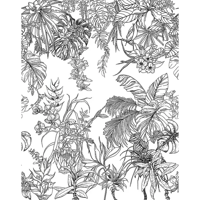 SCHÖNER WOHNEN-Kollektion New Spirit Fototapete Digitaldruck Blüten - 212 x 270 cm, Schwarz/Weiß - Schwarz-weiße Dschungelillustration mit üppigen tropischen Pflanzen, ideal für trendige Wandkunst oder Stoffmuster.