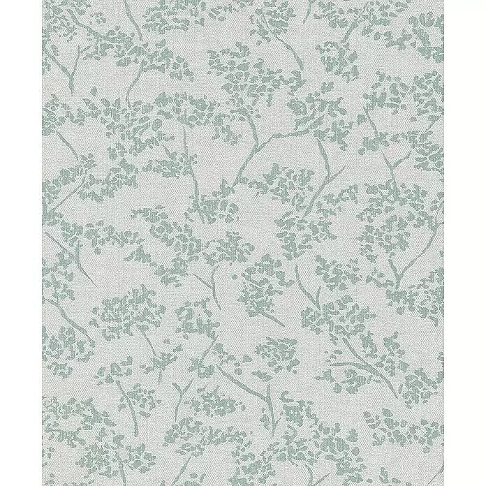SCHÖNER WOHNEN-Kollektion New Spirit Vliestapete Blüten-Allover - Beige/Blau, Floral, 10,05 x 0,53 m - Hellgrauer Stoff mit einem zarten türkisfarbenen Muster aus Ästen und kleinen Blättern.
