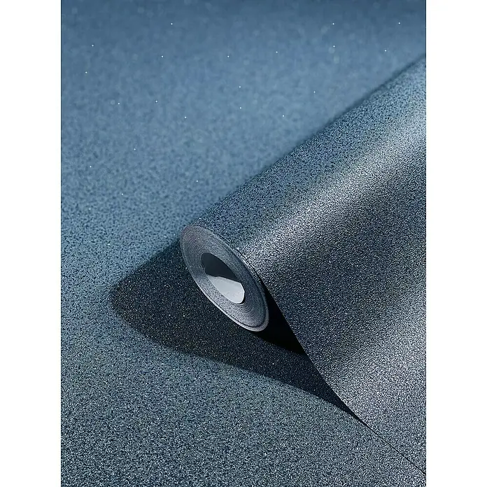 SCHÖNER WOHNEN-Kollektion New Spirit Vliestapete - Blau, Uni, 10,05 x 0,53 m - Nahaufnahme einer Rolle dunkelblauer Glitzertapete, die Textur und Glanz des Produkts hervorhebt. Ideal zur Dekoration.