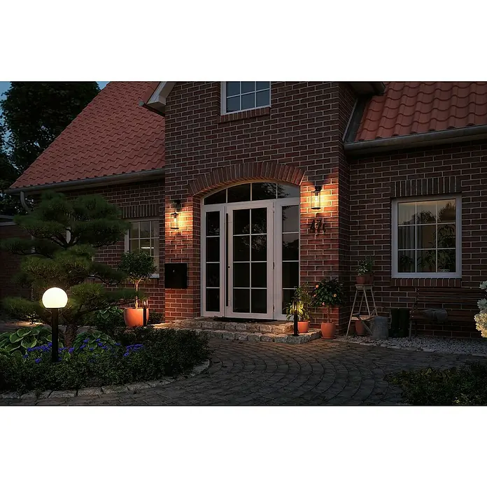 Paulmann Plug & Shine Foco de jardín LED - Ø x Al: 8,8 x 26,5 cm, Antracita, 5,1 W, IP65 - Acogedora casa de ladrillo con elegantes luces exteriores, que iluminan la entrada y crean un ambiente cálido y acogedor.