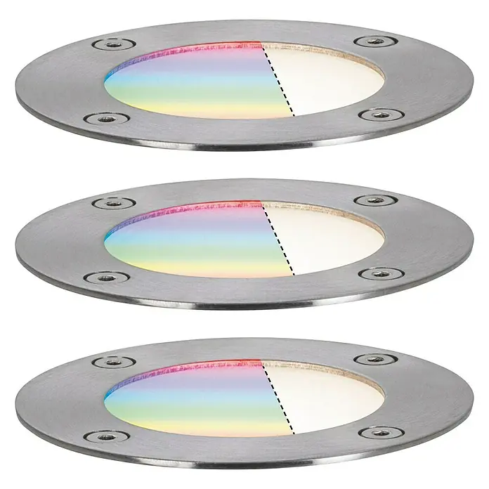 Paulmann Plug & Shine Basis-Set LED-Bodeneinbauleuchte Smart Home Zigbee - 3,6 W, Silber, Ø x H: 9,8 x 9,2 cm, Per App steuerbar, IP65 - Drei Bodeneinbaustrahler mit runder Edelstahlblende und farbiger sowie weißer Beleuchtung für den Außenbereich.